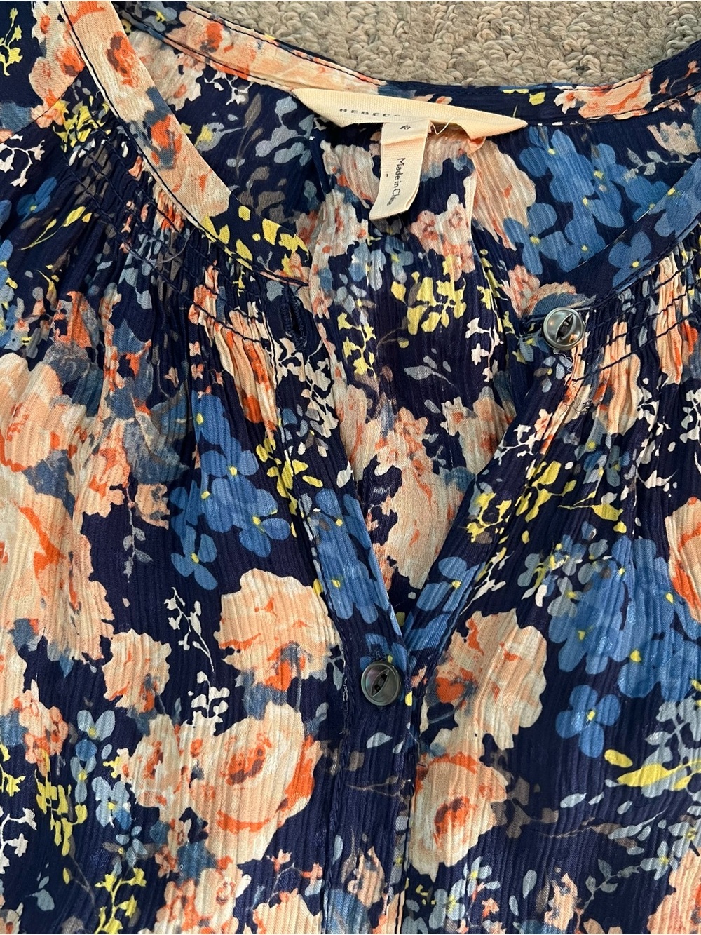 Rebecca Taylor Button Down 100% Silk Navy Floral Ruffle Sleeve Top - Picture 5 of 7